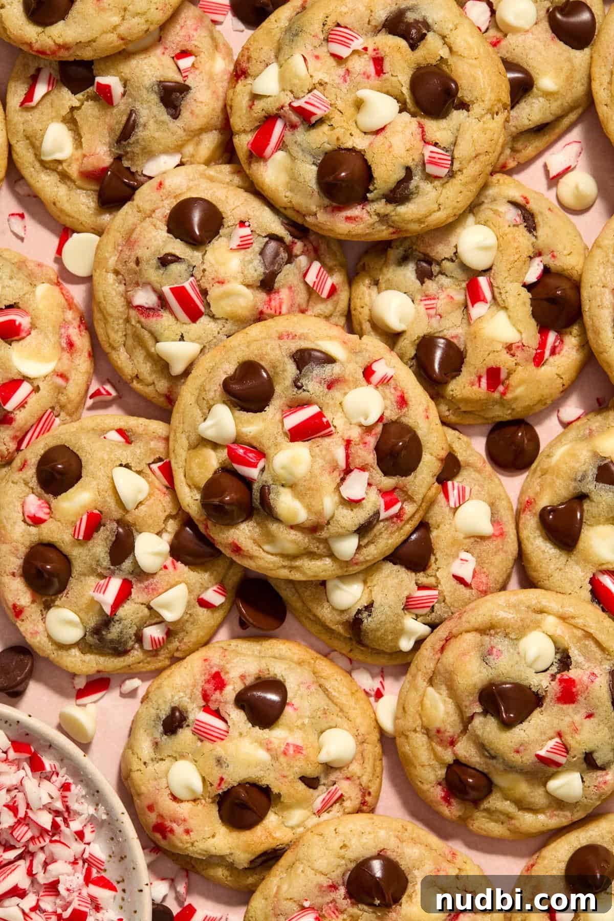 Peppermint Chocolate Chip Cookie Recipe: Festive Minty Cookies 2 Peppermint chip cookies arranged on surface with chopped candy canes in bowl.