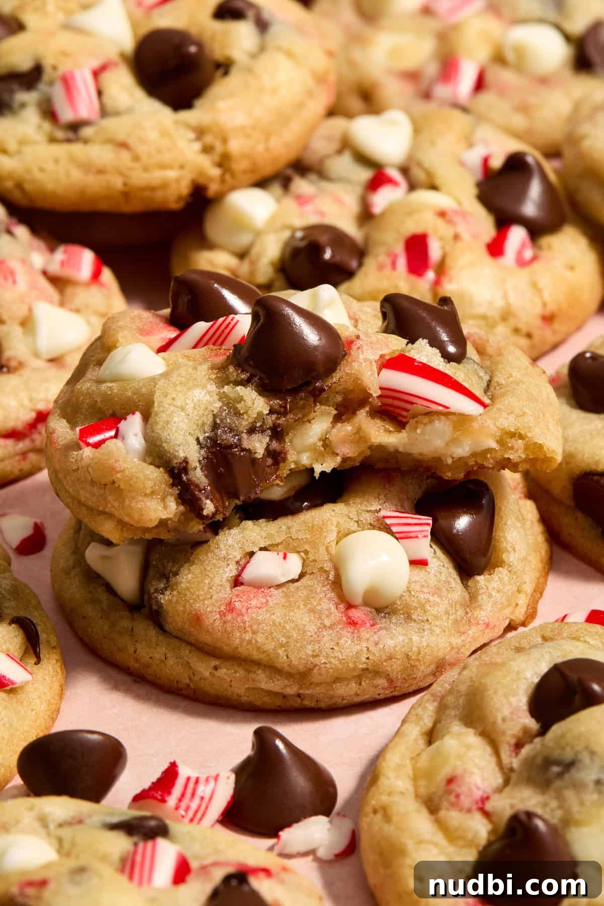 Peppermint Chocolate Chip Cookie Recipe: Festive Minty Cookies 15 Chocolate chip peppermint cookie with bite taken out stacked on another cookie.