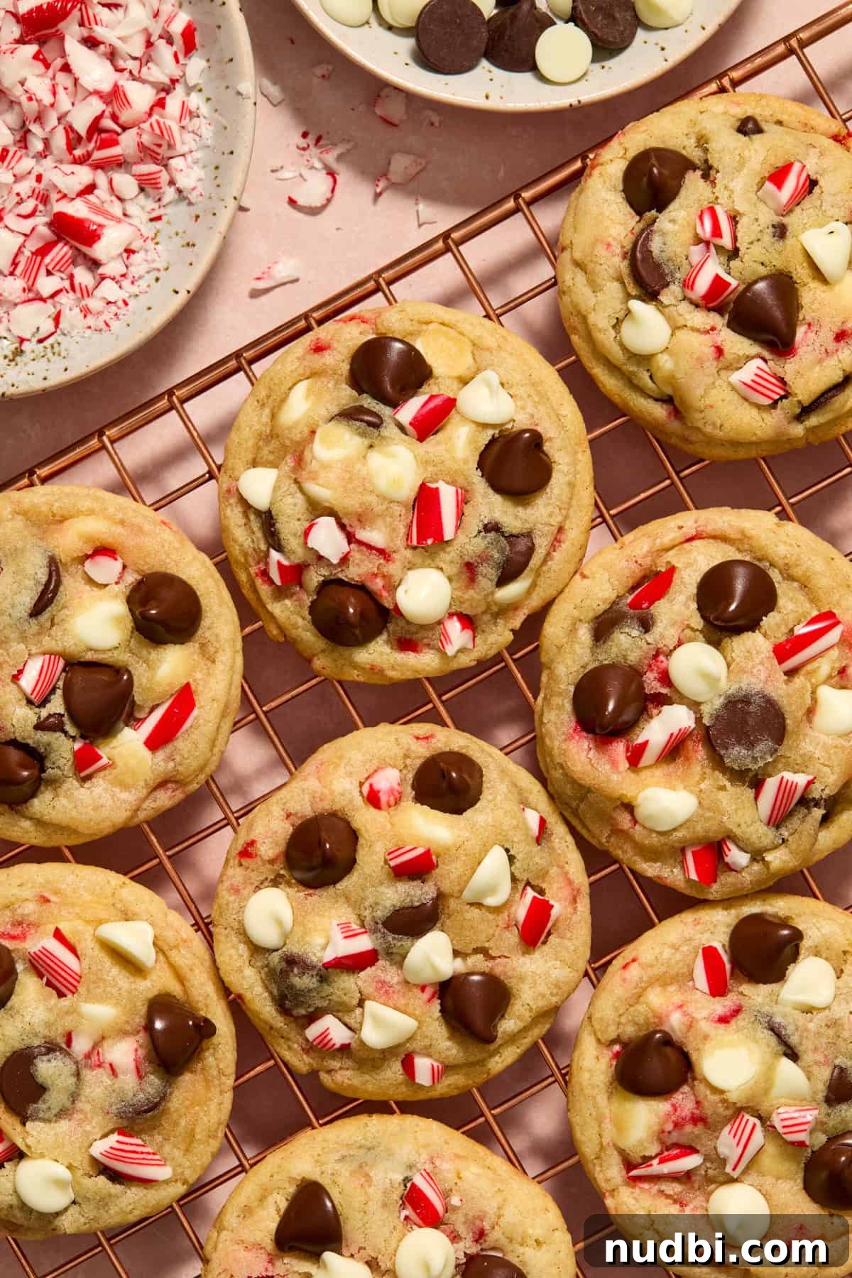 Peppermint Chocolate Chip Cookie Recipe: Festive Minty Cookies 16 Cooling rack with candy cane chocolate chip cookies and bowl with chips and crushed candy canes.