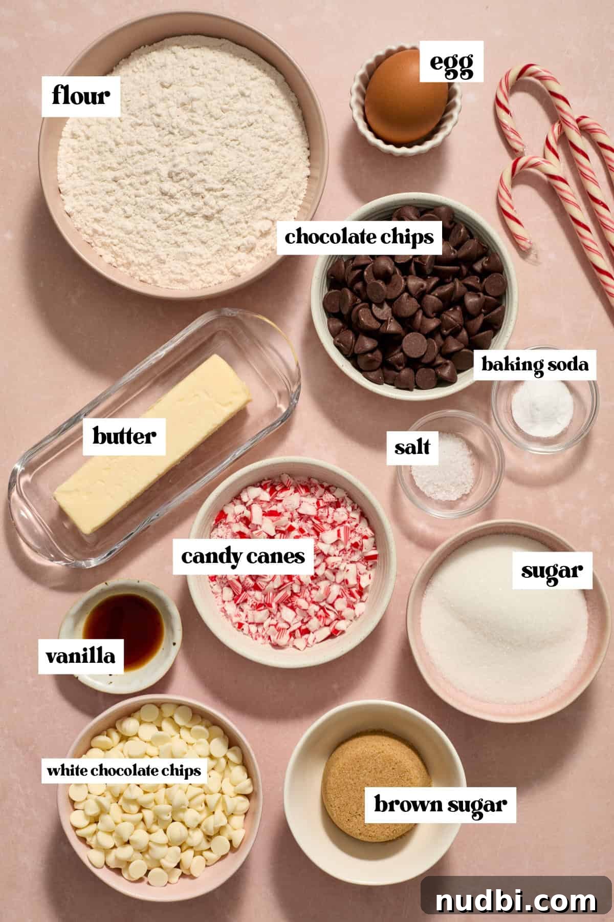 Peppermint Chocolate Chip Cookie Recipe: Festive Minty Cookies 4 Flour, candy canes, chocolate chips and other ingredients to make cookie recipe.