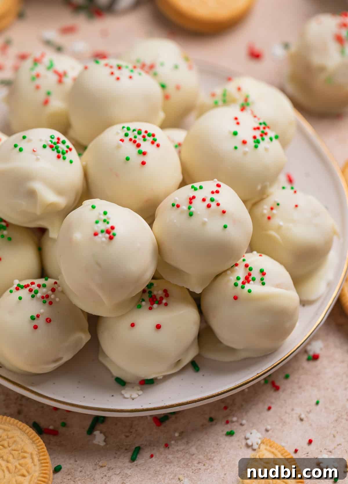 Festive Christmas Golden Oreo Truffles: Holiday Cookie Balls 2 Christmas Oreo truffles covered in white chocolate and red and green sprinkles arranged on plate.