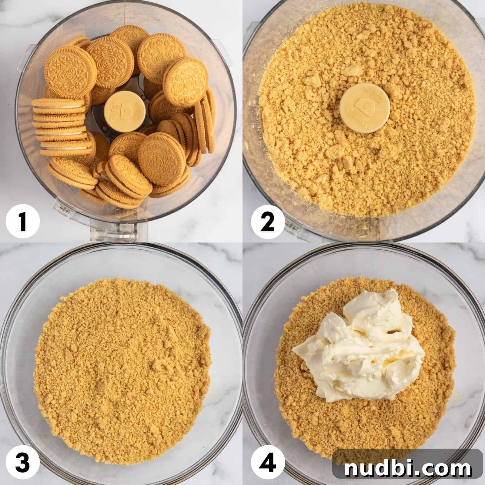 Festive Christmas Golden Oreo Truffles: Holiday Cookie Balls 4 Golden oreos in food processor and then in mixing bowl with cream cheese.