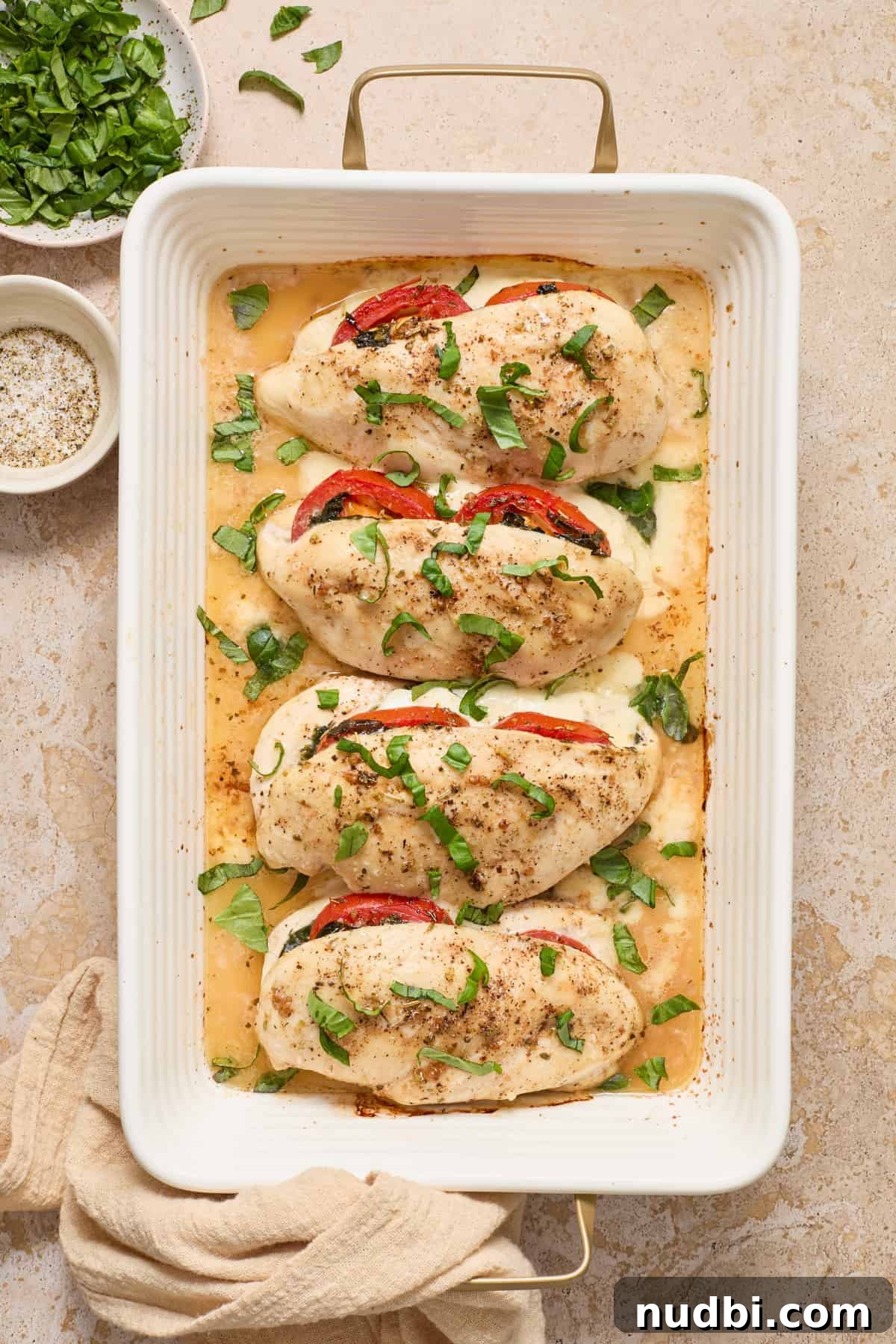Mozzarella-Stuffed Chicken Breasts with Garlic Herb Pan Sauce 2 Cooked mozarrella stuffed chicken with chopped basil on top.