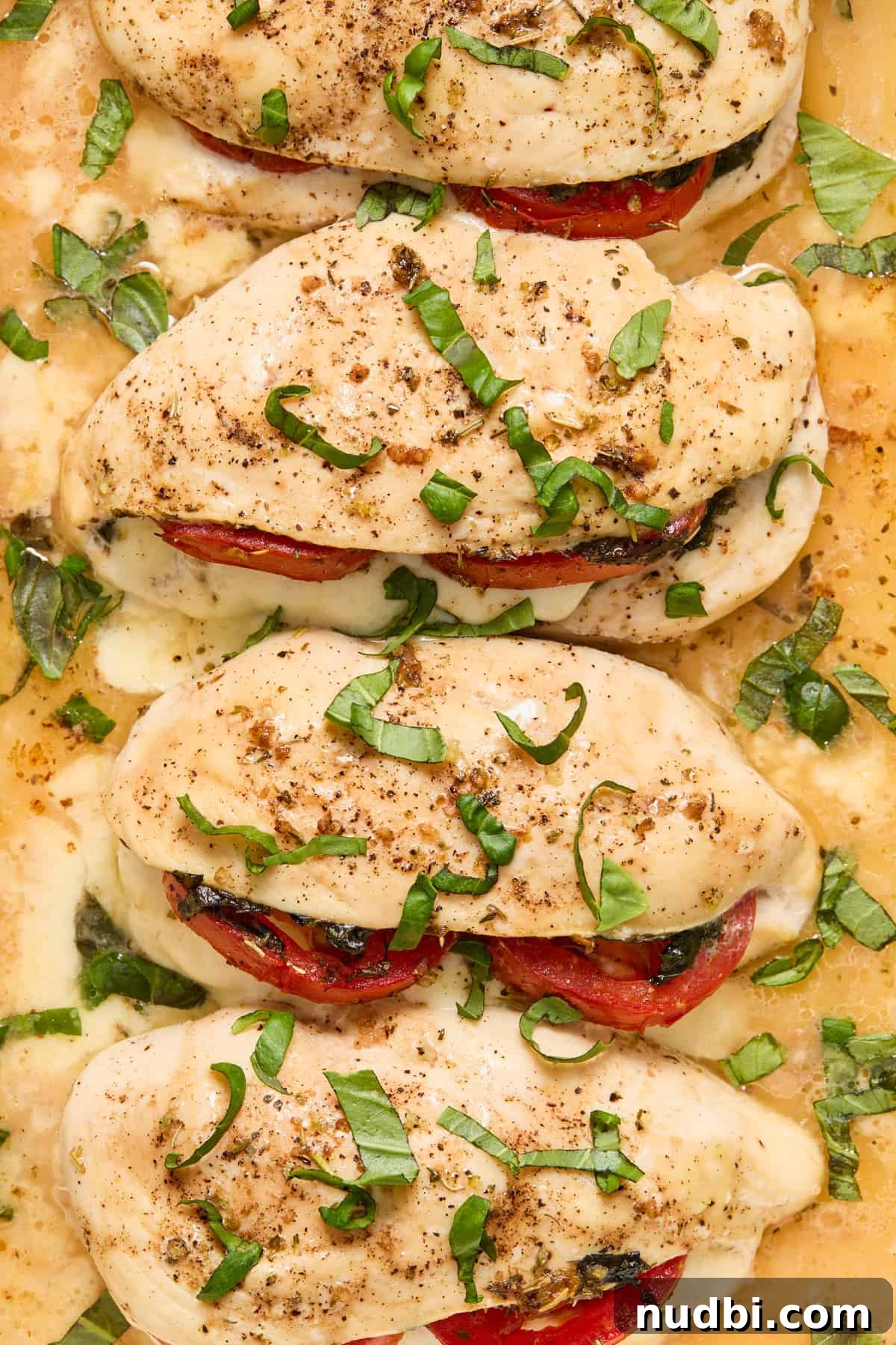 Mozzarella-Stuffed Chicken Breasts with Garlic Herb Pan Sauce 11 Chicken breast in baking pan with tomato and mozzarella.