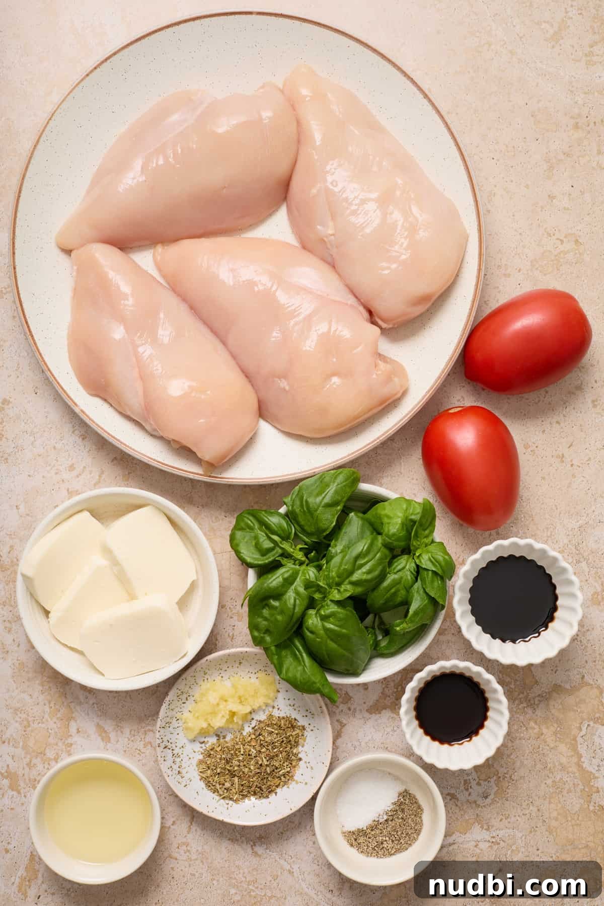 Mozzarella-Stuffed Chicken Breasts with Garlic Herb Pan Sauce 4 Chicken breast, mozzarella, sliced tomato, basil and other ingredients arranged on surface for recipe.