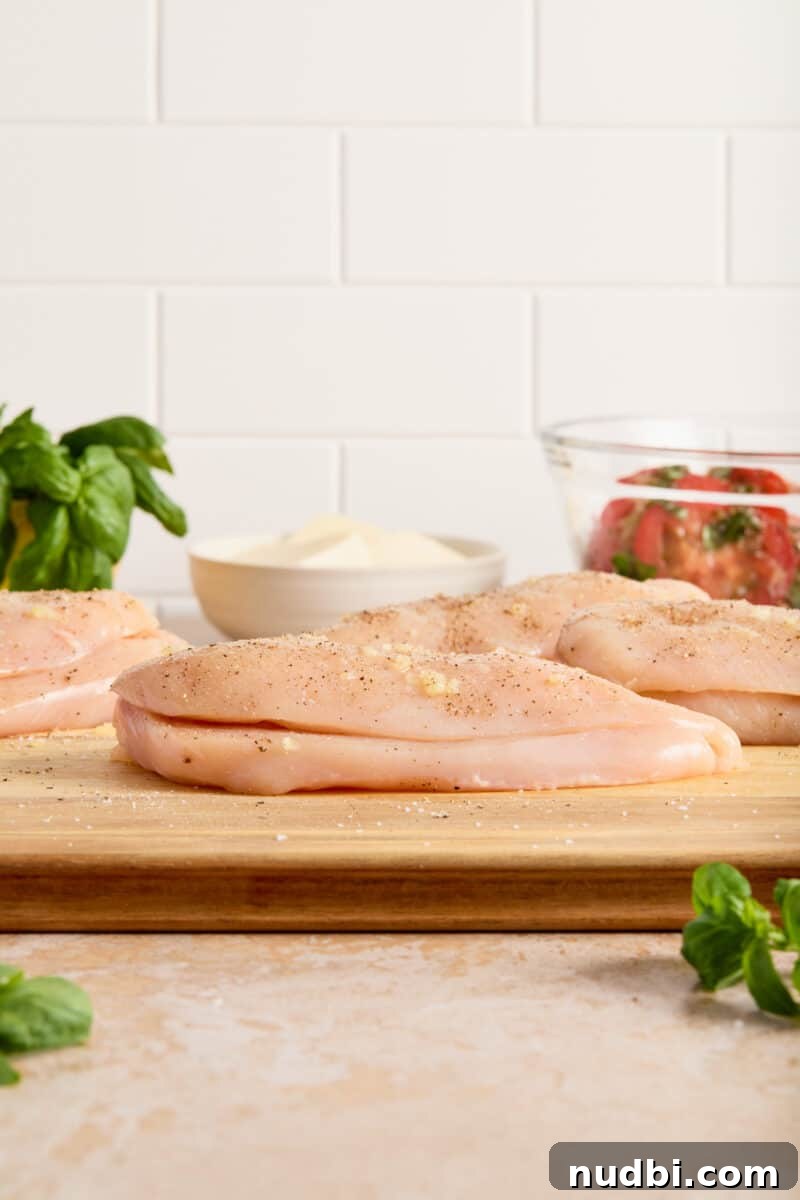 Mozzarella-Stuffed Chicken Breasts with Garlic Herb Pan Sauce 6 Sliced chicken breast on cutting board ready to be stuffed with cheese.