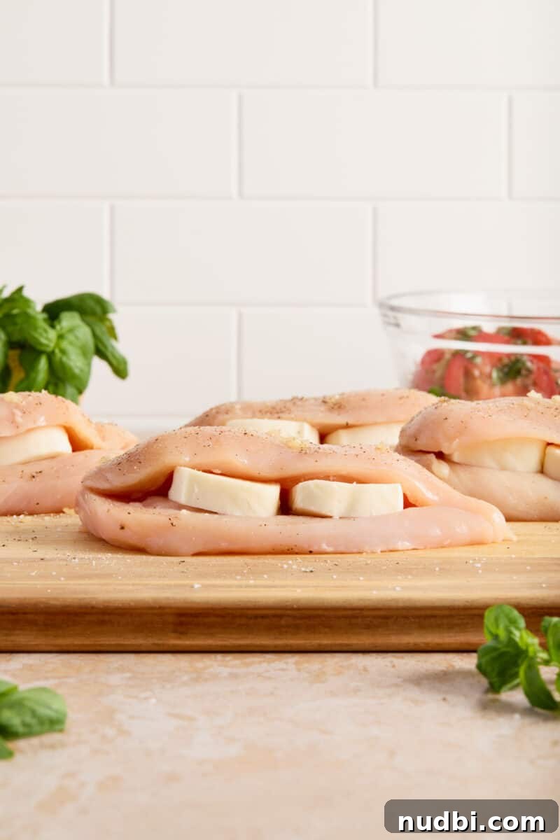 Cheesy Mozzarella-Stuffed Chicken Breast Recipe 7 Mozzarella slices stuffed inside cut chicken breast before cooking.