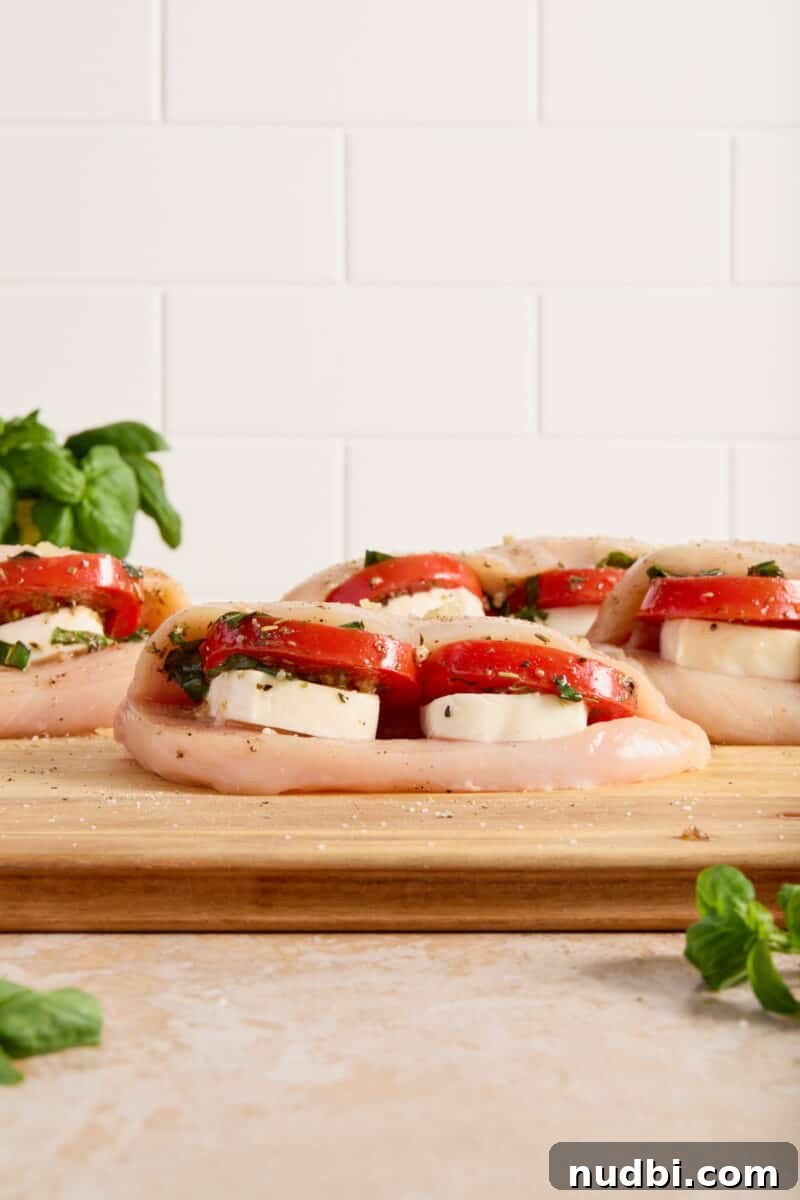 Mozzarella-Stuffed Chicken Breasts with Garlic Herb Pan Sauce 8 Tomato and basil mixture added to chicken before baking.