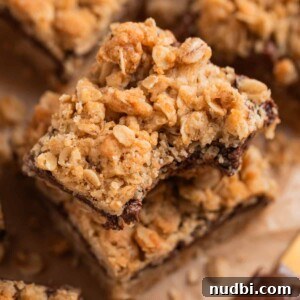 Nutella Oatmeal Bars Recipe — Chewy Hazelnut Oatmeal Squares 7 Stack of chocolate hazelnut oat bars on parchment.