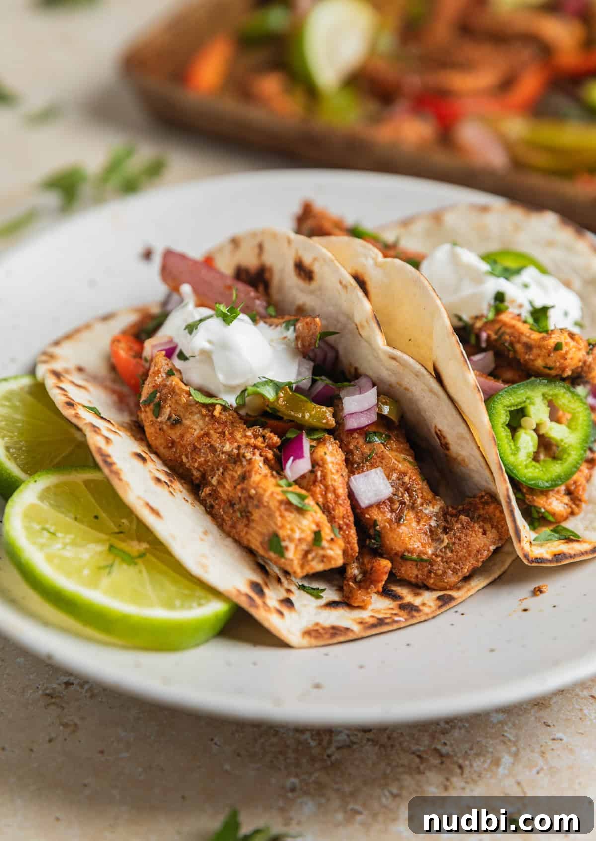 Honey-Lime Baked Chicken Fajitas Recipe for Flavorful Weeknights 9 Honey lime chicken fajitas on tortillas on plate with sour cream dollop on top.