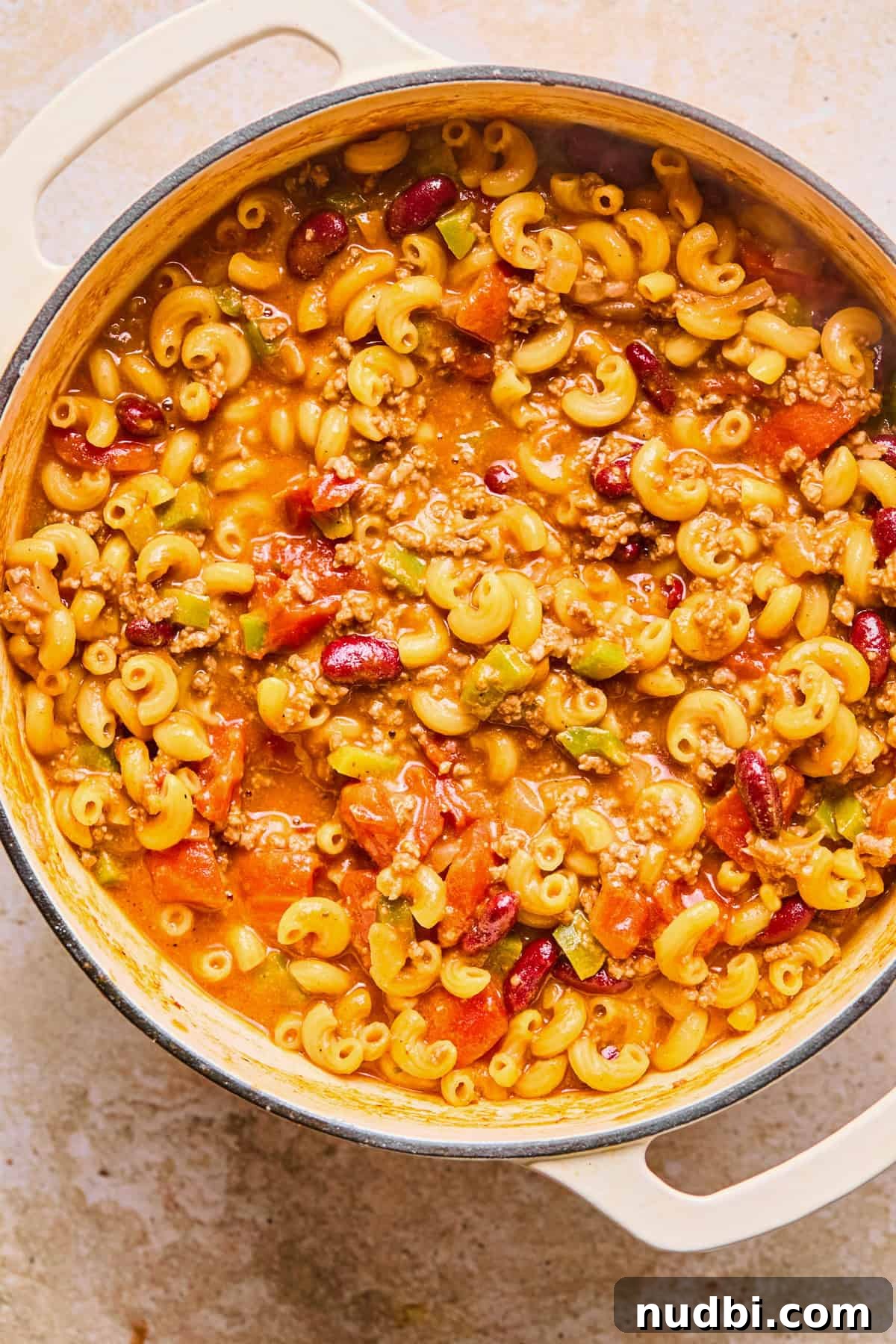 One-Pot Chili Mac: Cheesy Beef Skillet Dinner 12 Prepped one-pot chili macaroni and cheese in pot.