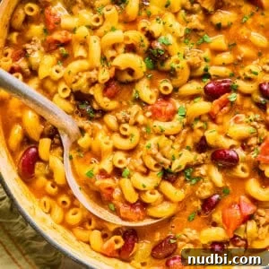 One-Pot Chili Mac: Cheesy Beef Skillet Dinner 14 Ladle scooping up chili macaroni and cheese in pot.