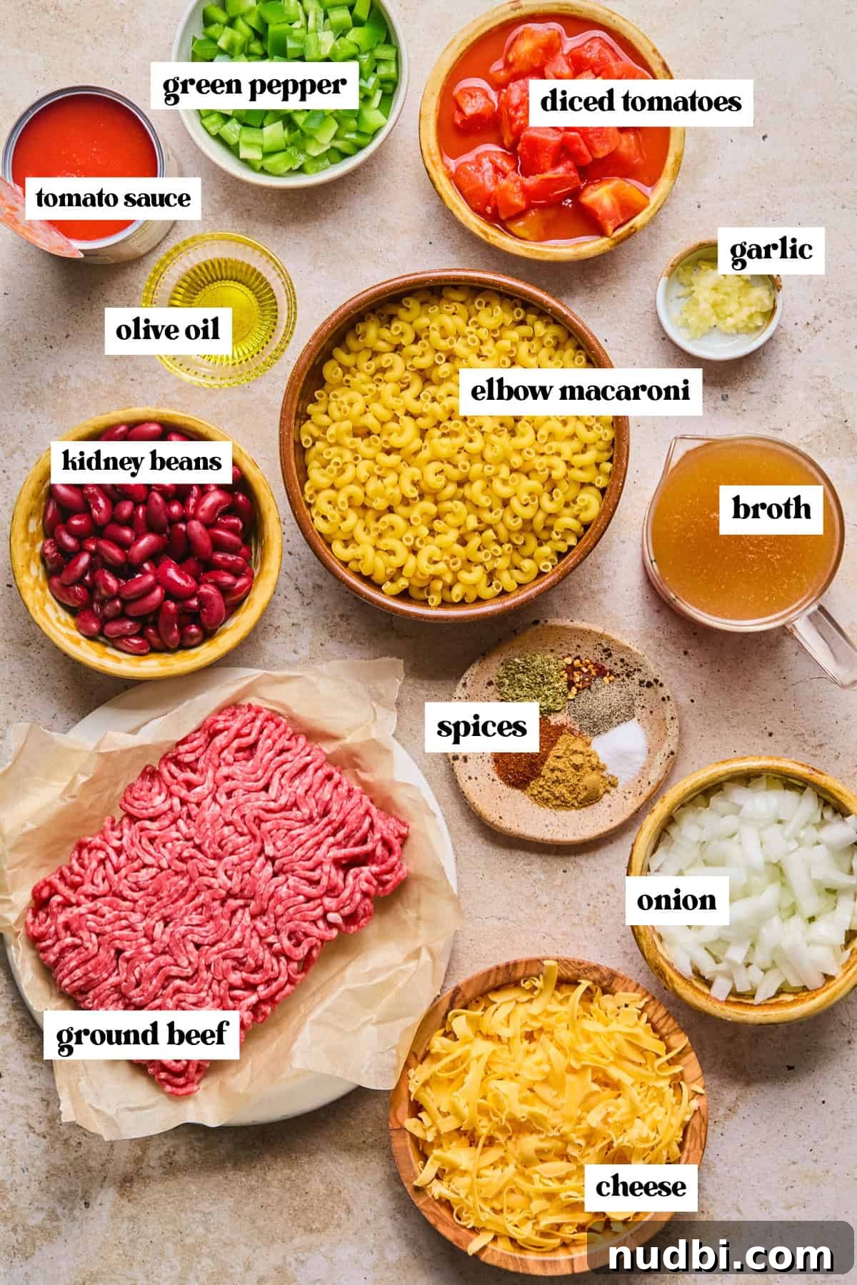 One-Pot Chili Mac: Cheesy Beef Skillet Dinner 4 Ground beef, bell peppers, cheese, pasta and other ingredients on surface labeled.