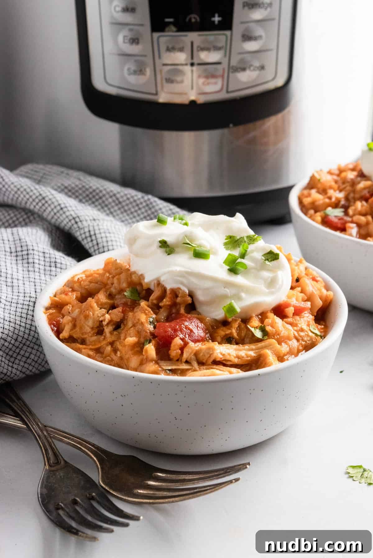 Creamy Cheesy Instant Pot Chicken and Rice One-Pot Meal 2 Cheesy Instant Pot chicken and rice with sour cream in front of instant pot.