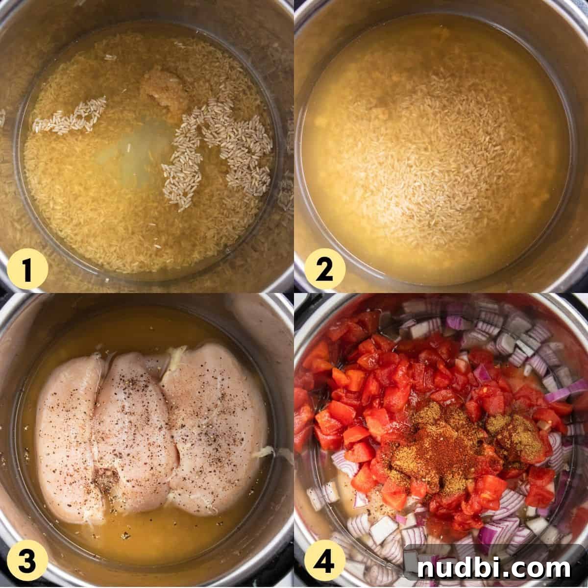 Creamy Cheesy Instant Pot Chicken and Rice One-Pot Meal 4 Process photos with chicken, rice and broth in instant pot.