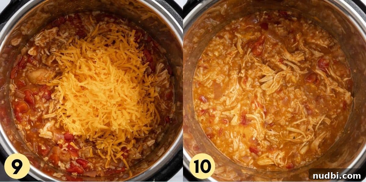 Creamy Cheesy Instant Pot Chicken and Rice One-Pot Meal 5 Cooked shredded chicken with cheese added in.