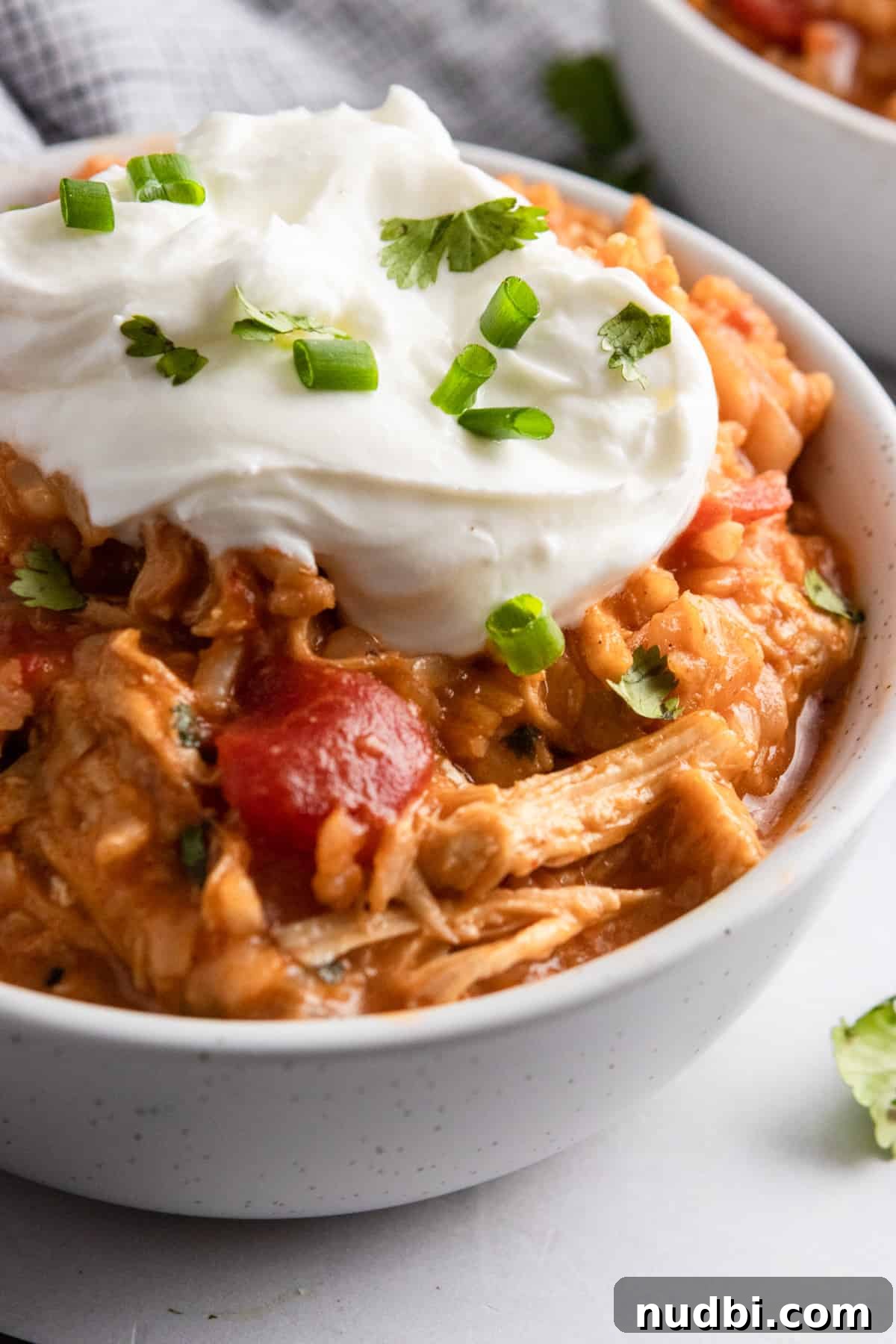 Creamy Cheesy Instant Pot Chicken and Rice One-Pot Meal 6 Instant Pot Chicken and rice in bowl topped with sour cream and green onion.