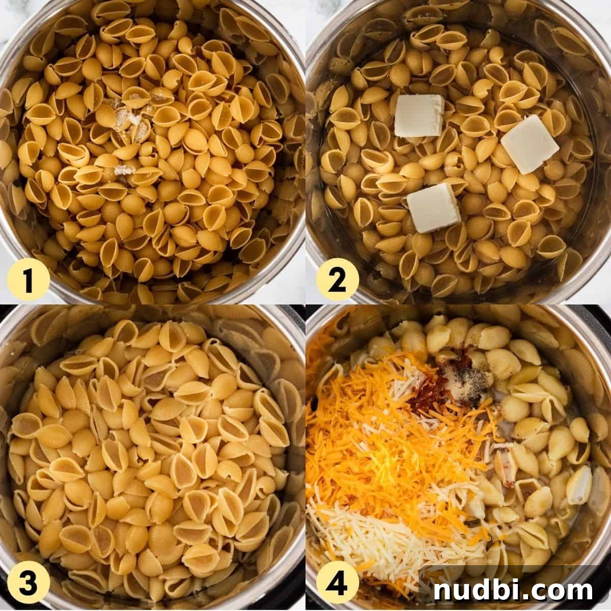 Creamy Instant Pot Mac and Cheese in 15 Minutes 4 Shell pasta in Instant Pot with butter and then cooked.