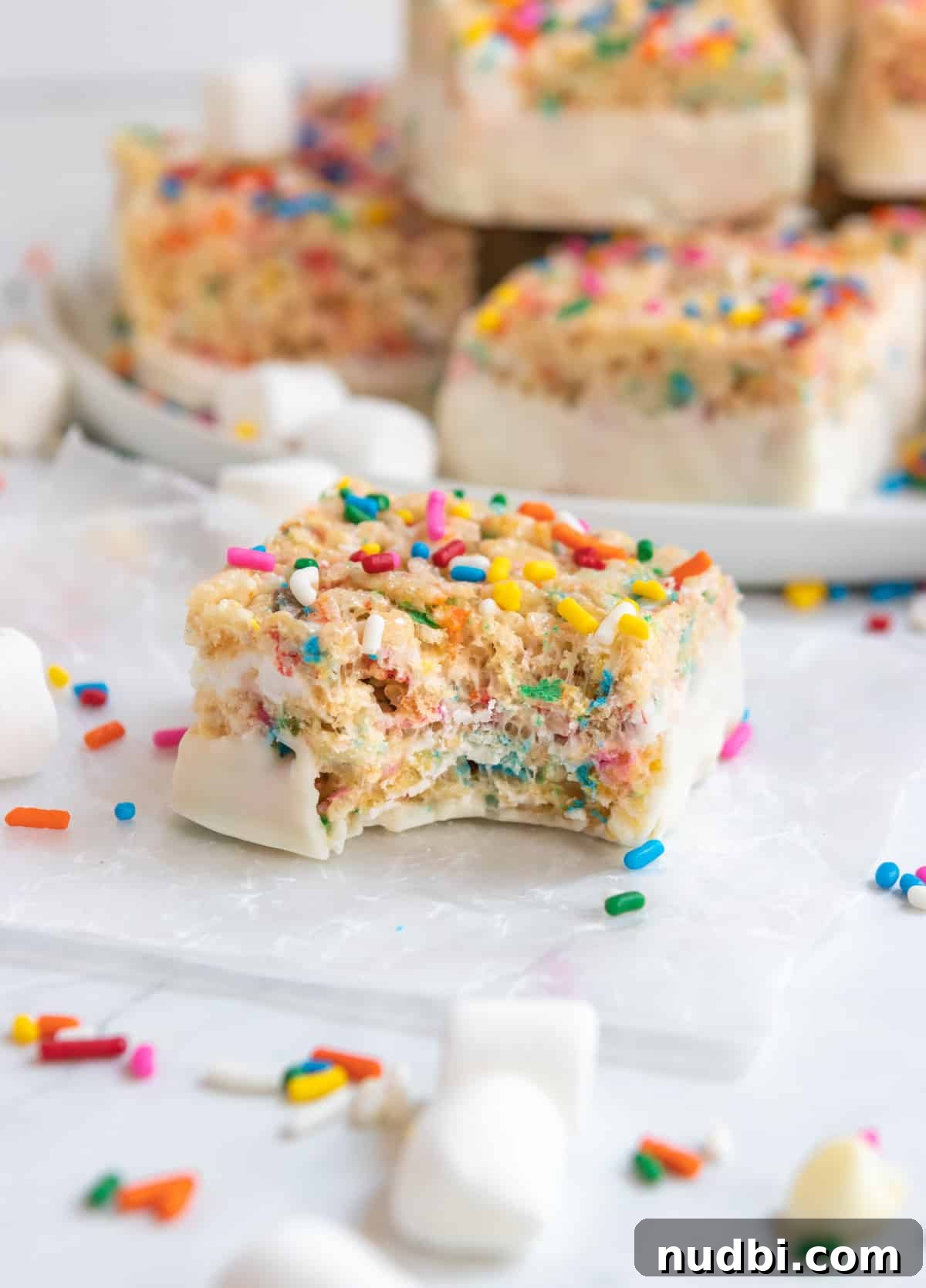 Funfetti Rice Krispie Treats Recipe for Colorful Party Snacks 2 Rice Krispie Treats with sprinkles dipped in white chocolate on parchment.