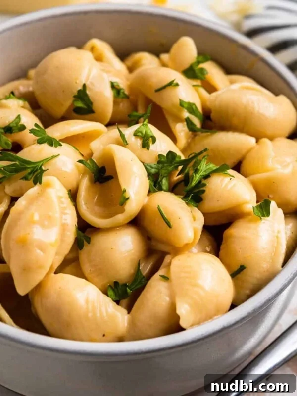 Crispy Instant Pot Carnitas Recipe for Tender, Crunchy Pork 13 Creamy macaroni and cheese shells in clay bowl with chopped fresh parsley on top.
