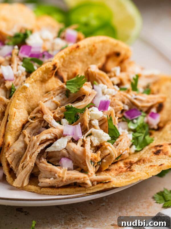 Crispy Instant Pot Carnitas Recipe for Tender, Crunchy Pork 14 Instant Pot shredded chicken tacos on plate with queso fresco, red onion and cilantro on top.