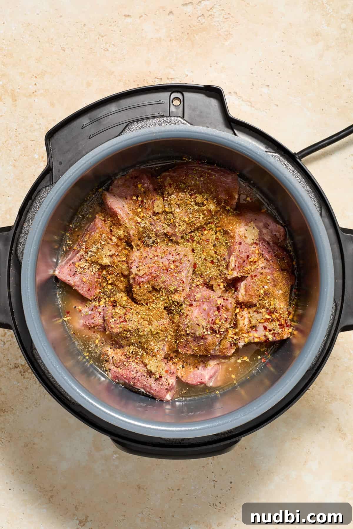 Crispy Instant Pot Carnitas Recipe for Tender, Crunchy Pork 4 Seasoned chunks of pork in Instant Pot before cooking.