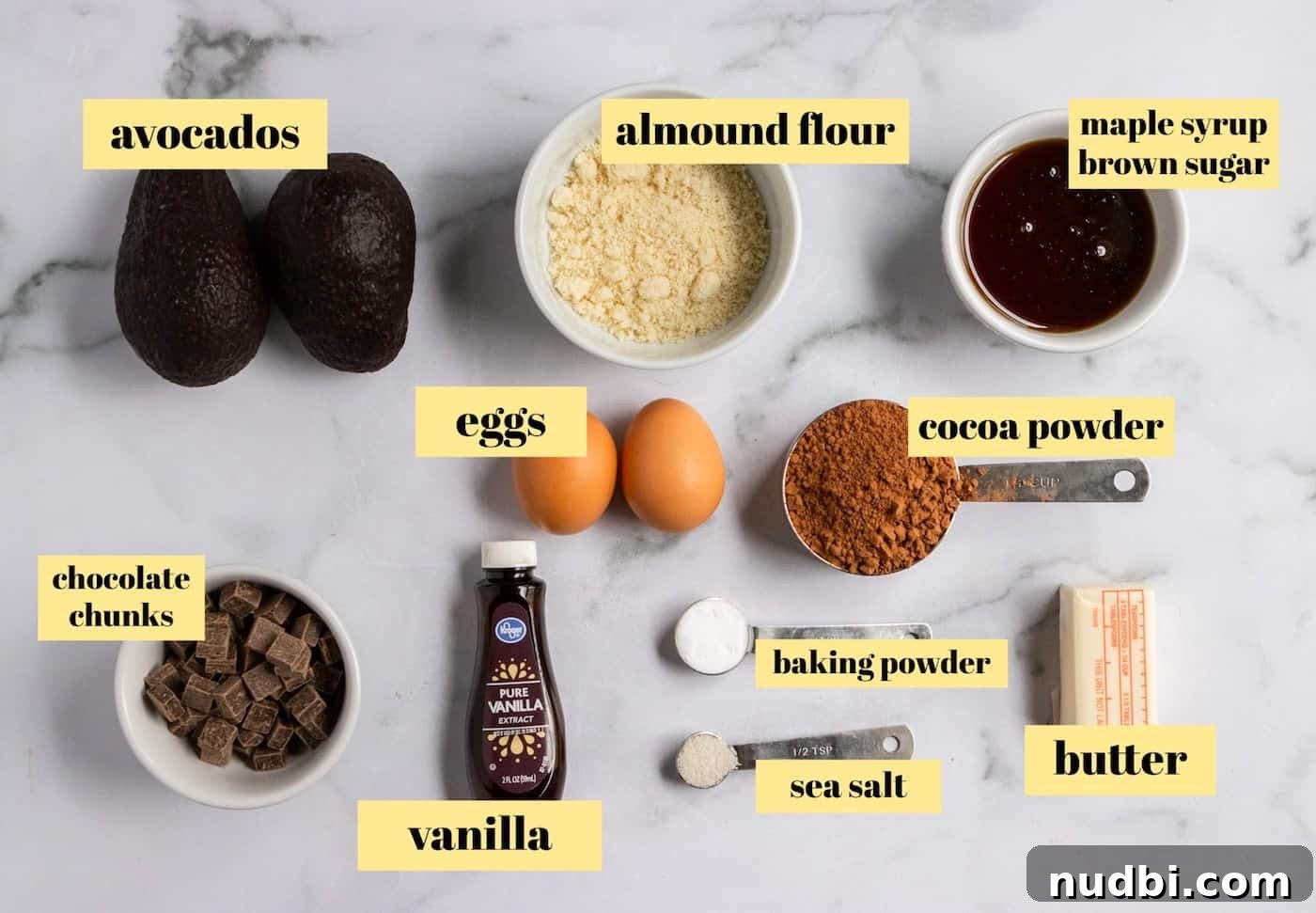 Fudgy Avocado Chocolate Chunk Brownies That Melt in Your Mouth 3 Avocado brownie ingredients with labels.