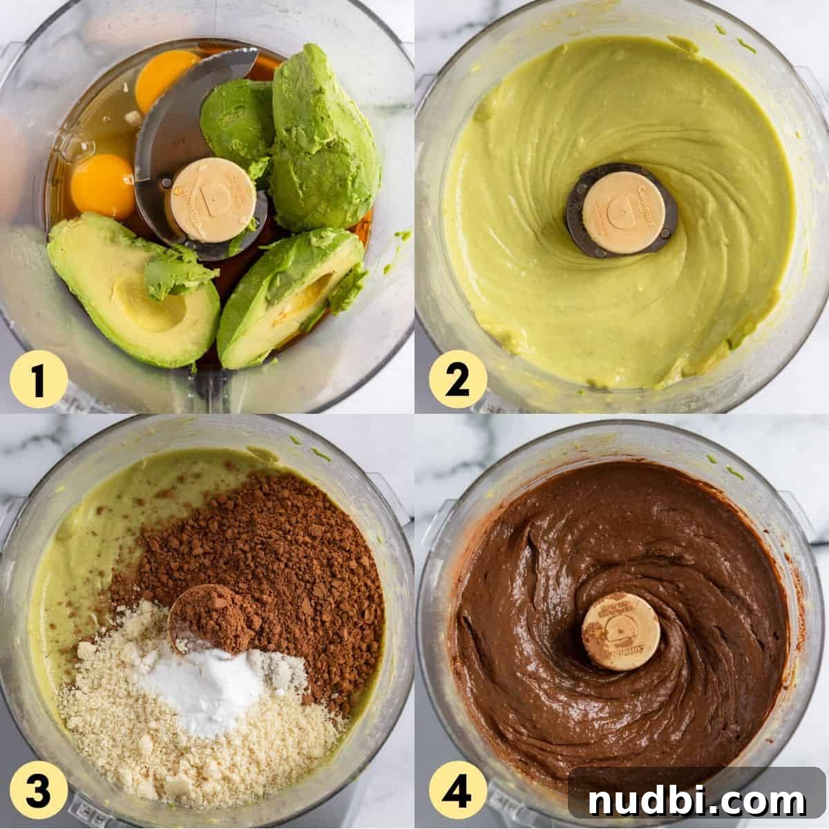 Fudgy Avocado Chocolate Chunk Brownies That Melt in Your Mouth 4 Ingredients in food processor to be blended.