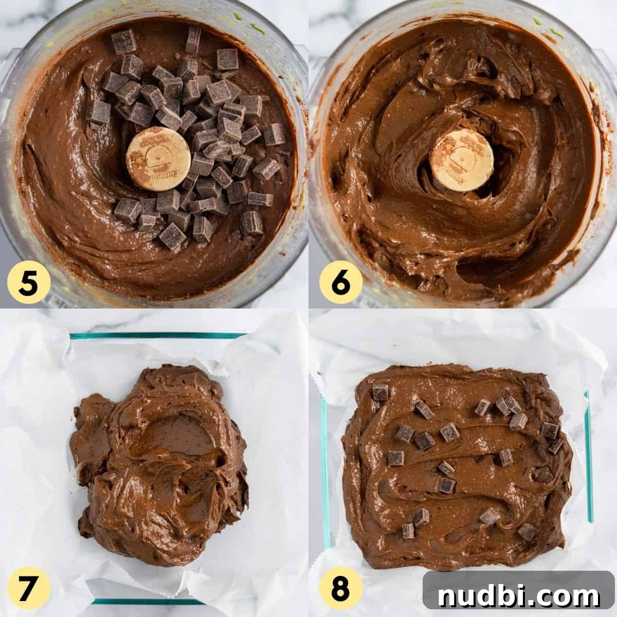 Fudgy Avocado Chocolate Chunk Brownies That Melt in Your Mouth 5 Brownie batter in food processor with chocolate chunks.