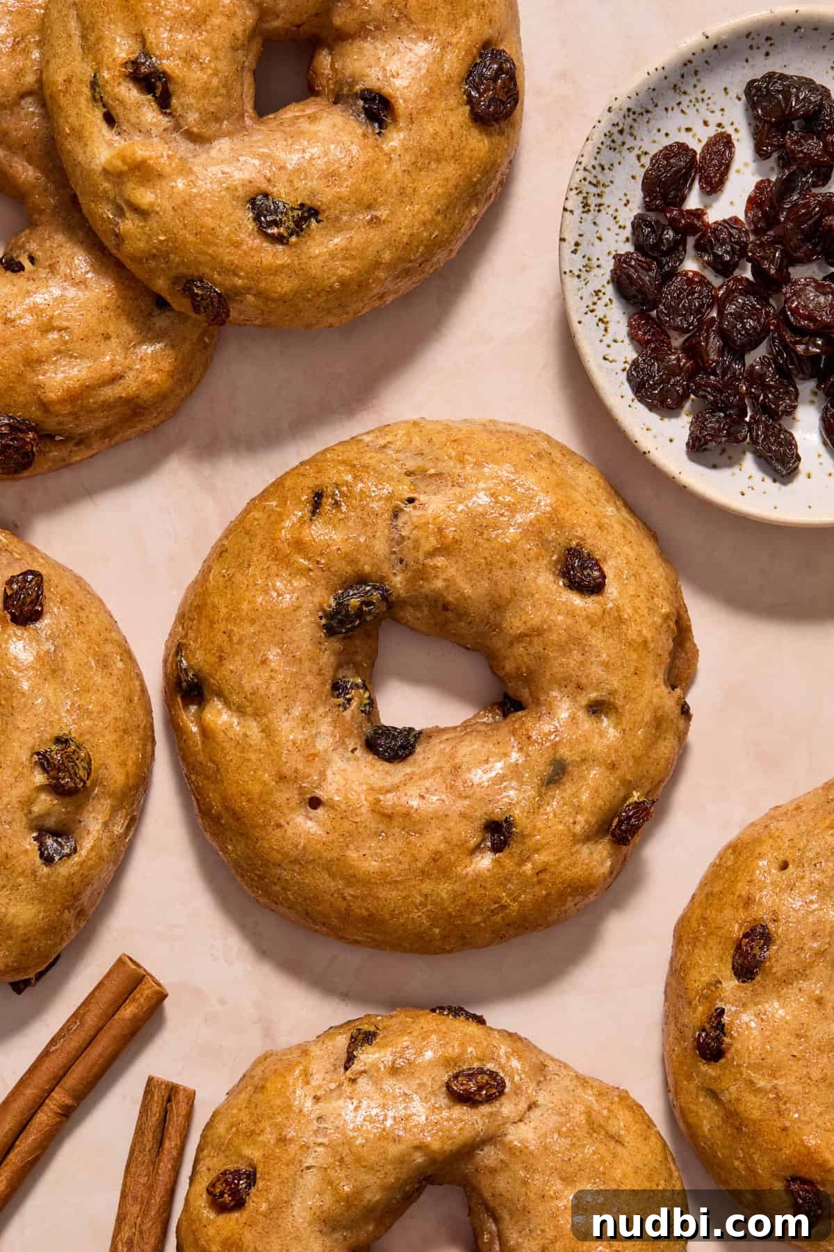 Cinnamon Raisin Bagel Recipe: Homemade Soft Chewy Bagels 2 Overhead view of homemade greek yogurt raisin and cinnamon bagels.