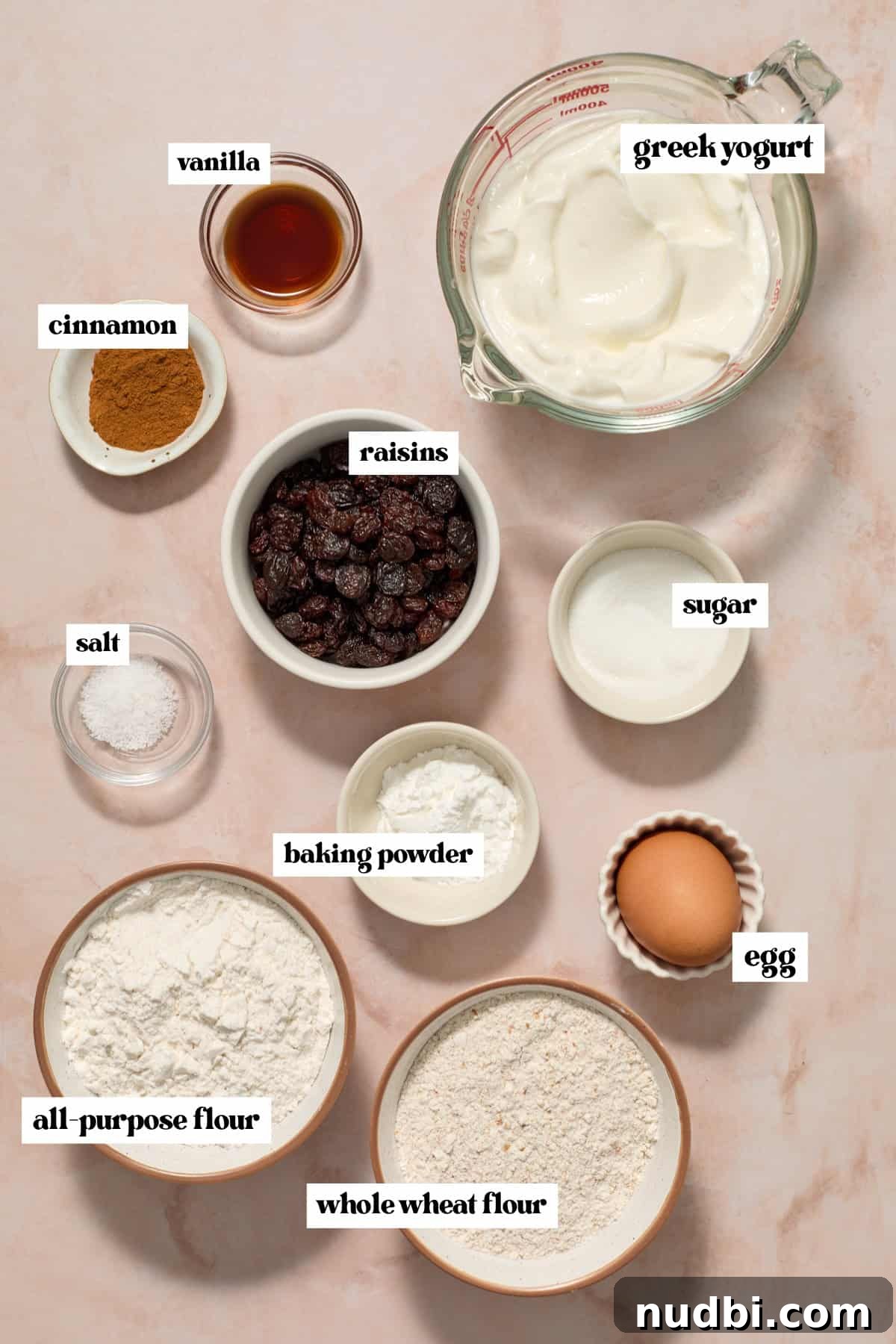 Cinnamon Raisin Bagel Recipe: Homemade Soft Chewy Bagels 3 Flour, cinnamon, raisins and other ingredients labeled on surface.
