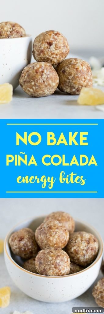 No-Bake Piña Colada Energy Bites Recipe for Tropical Snacks 5 If you like Piña Coladas then these No Bake Piña Colada Energy Bites are for you! Dates, nuts, dried fruit are packed into these refreshing and tasty little bites. #nobake #pinacolada #energybites #snacks #medjooldates #macadamianuts #pineapple #coconut #recipe
