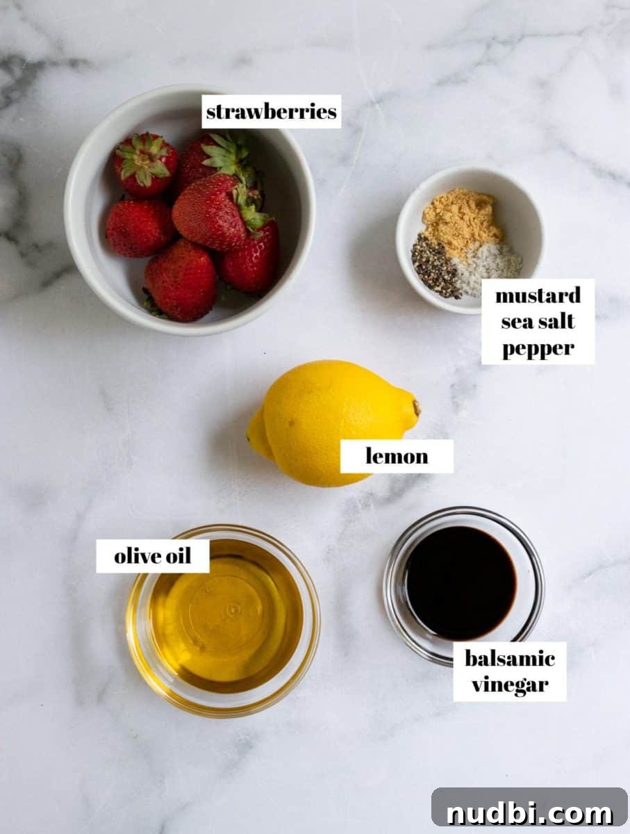Mixed Greens with Berries and Strawberry Balsamic Dressing 4 Dressing ingredients labeled on white counter.