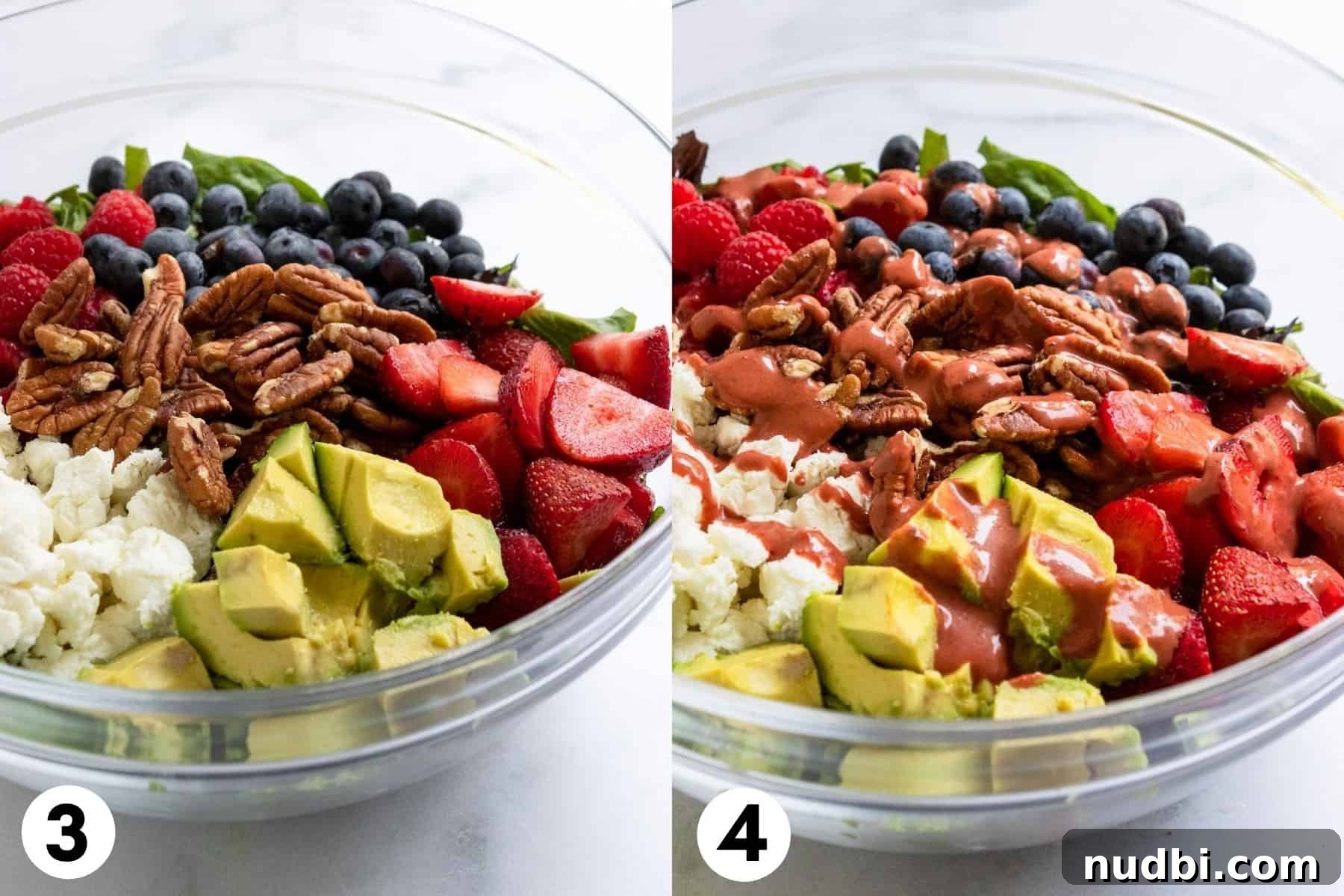 Mixed Greens with Berries and Strawberry Balsamic Dressing 6 Salad ingredients in mixing bowl.