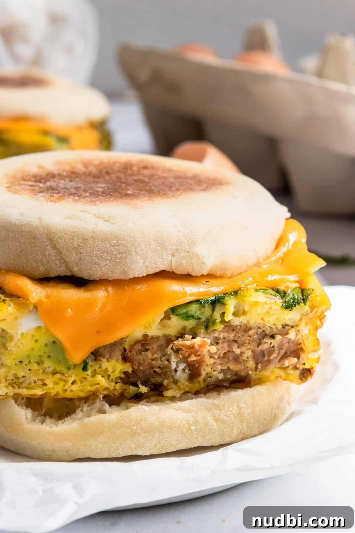 Freezer-Friendly Sausage McMuffin with Spinach Recipe 2 Sausage mcmuffin with spinach and melted cheese.