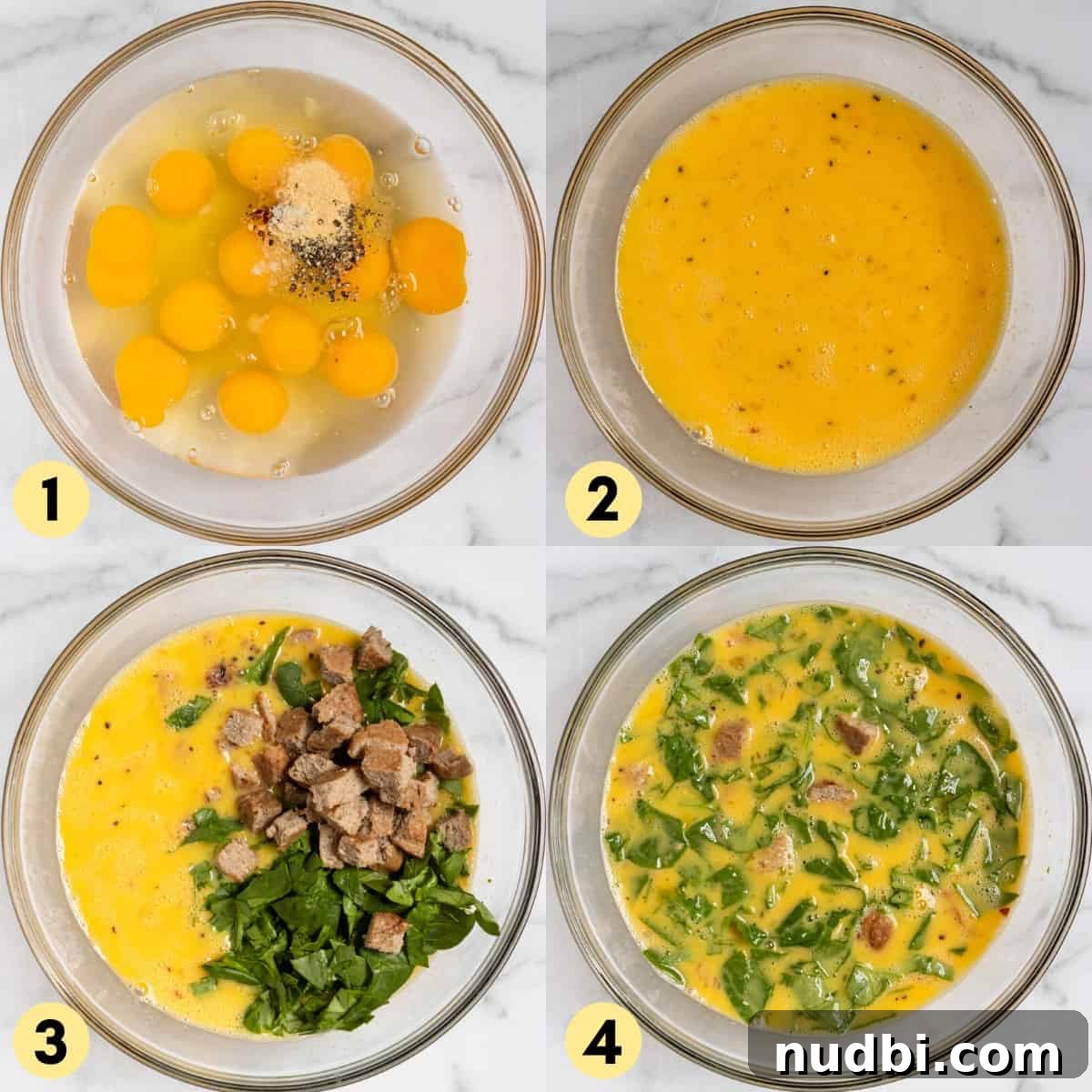 Freezer-Friendly Sausage McMuffin with Spinach Recipe 4 egg mixture in bowl with sausage and spinach.