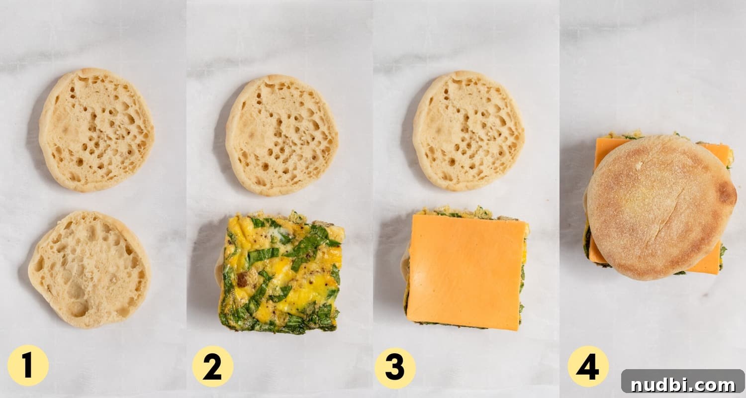 Freezer-Friendly Sausage McMuffin with Spinach Recipe 6 steps to assemble sausage breakfast sandwiches.