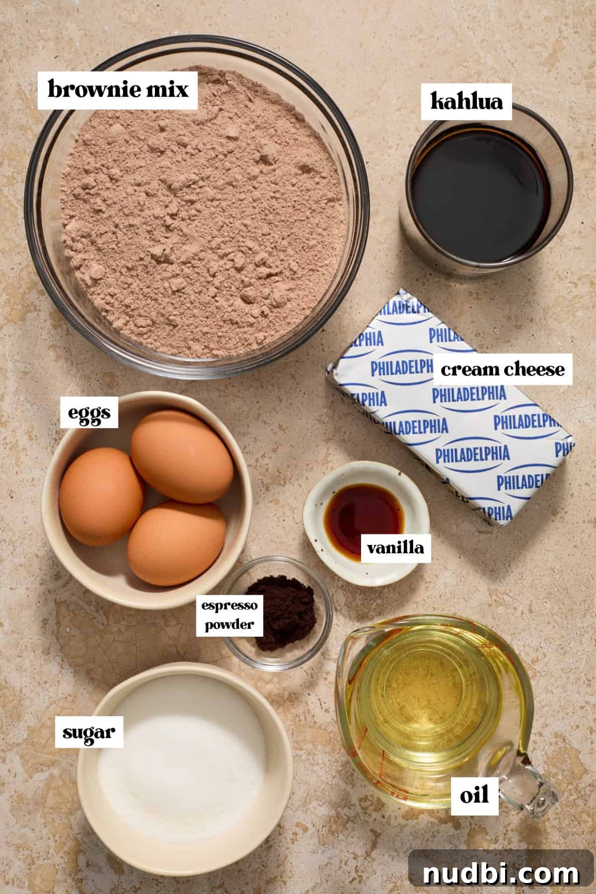 Kahlúa Cream Cheese Brownies Recipe — Luscious Coffee-Chocolate Swirl 3 Kahlua cheesecake brownies ingredients labeled on surface.