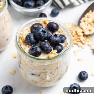 Blueberry Muffin Overnight Oats Recipe for Quick Morning Meals 5 Blueberry muffin overnight oatmeal in jar.
