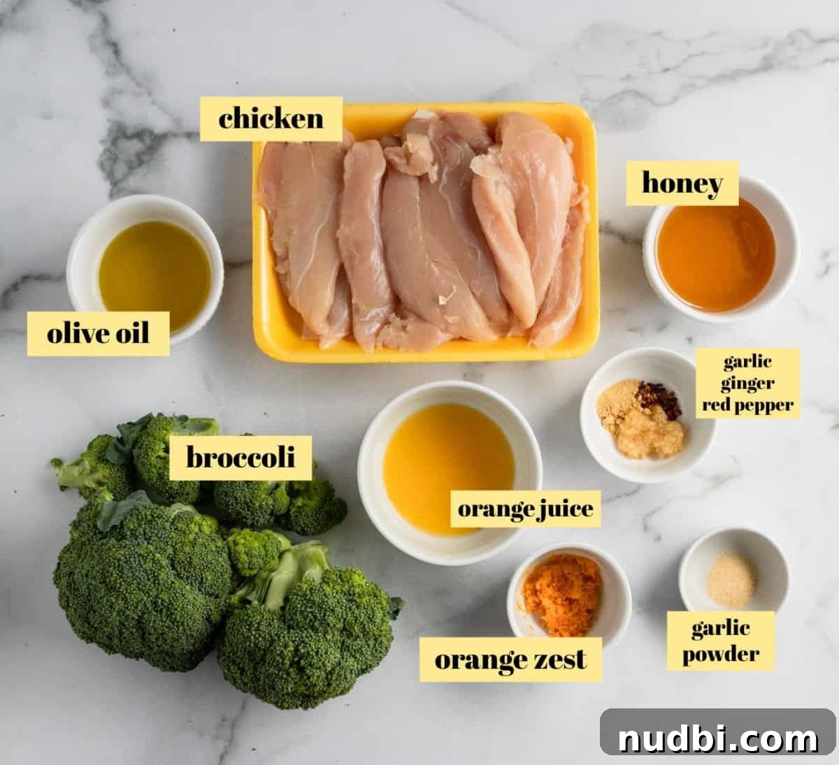 Sticky Orange Sheet Pan Chicken Dinner 4 Ingredients used to make chicken and broccoli recipe.