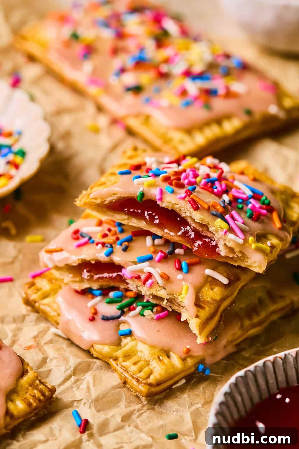 Homemade Pop-Tarts Made with Flaky Pie Crust — Sweet Breakfast Pastry 2 Homemade Pop Tarts on parchment with sprinkles.