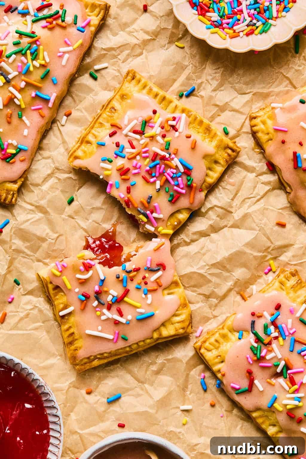 Homemade Pop-Tarts Made with Flaky Pie Crust — Sweet Breakfast Pastry 15 Overhead view of breakfast pastries on brown parchment with colorful sprinkles.
