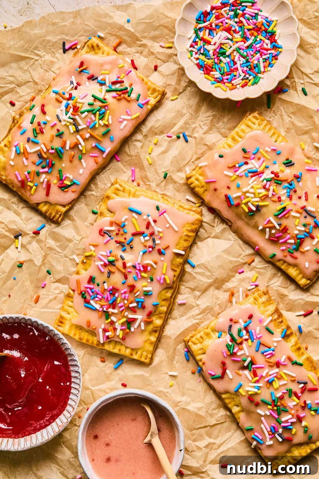 Homemade Pop-Tarts Made with Flaky Pie Crust — Sweet Breakfast Pastry 16 Pop tarts arranged on parchment with rainbow sprinkles.