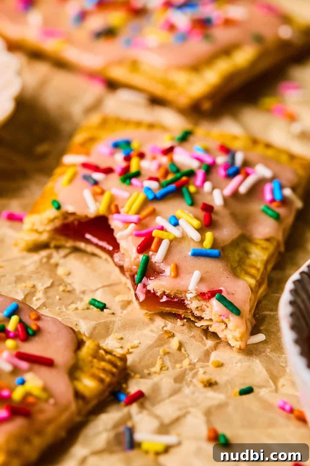 Homemade Pop-Tarts Made with Flaky Pie Crust — Sweet Breakfast Pastry 3 Strawberry jam oozing out of pop tart on parchment with rainbow sprinkles.