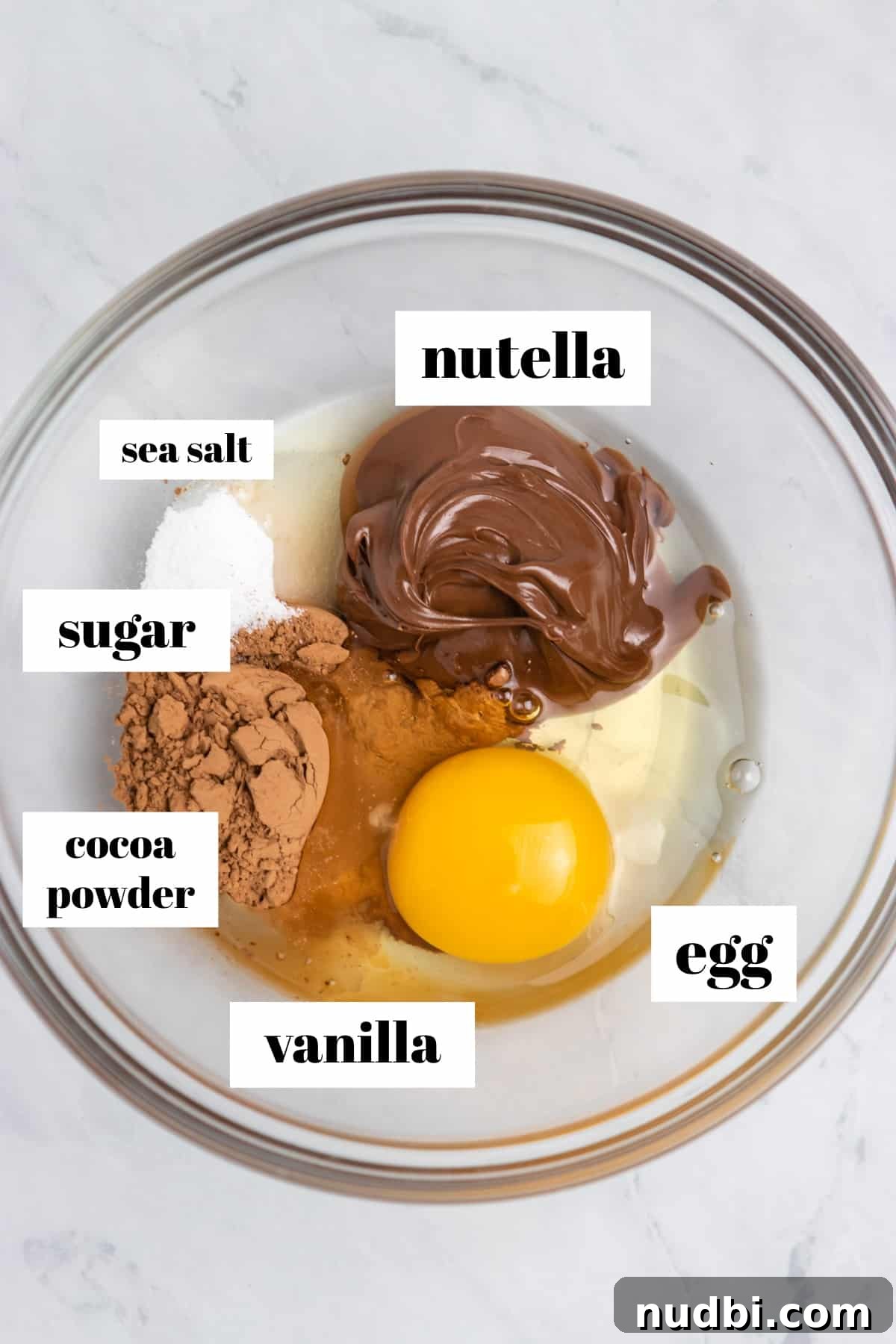 Quick Nutella Mug Cake Recipe for a Warm Chocolate Treat 3 Labeled ingredients including egg, cocoa powder, vanilla, etc. in mixing bowl.