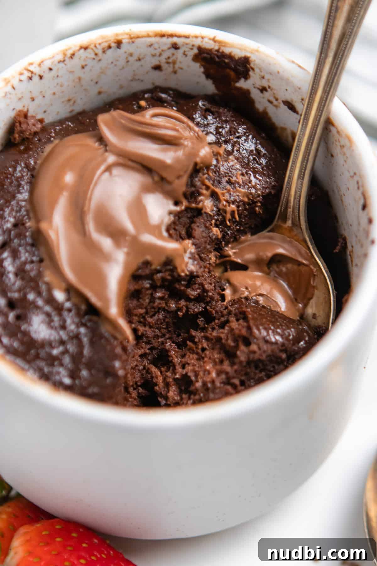 Quick Nutella Mug Cake Recipe for a Warm Chocolate Treat 5 Flourless nutella mug cake in mug with dollop of nutella on top and spoon.