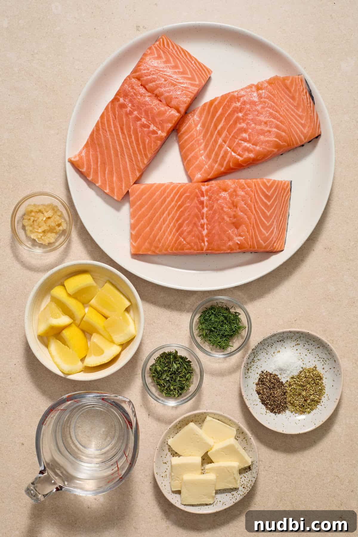Instant Pot Butter Herb Salmon Recipe for Tender, Flaky Fish 3 Salmon, herbs, butter, lemons and other ingredients on surface.