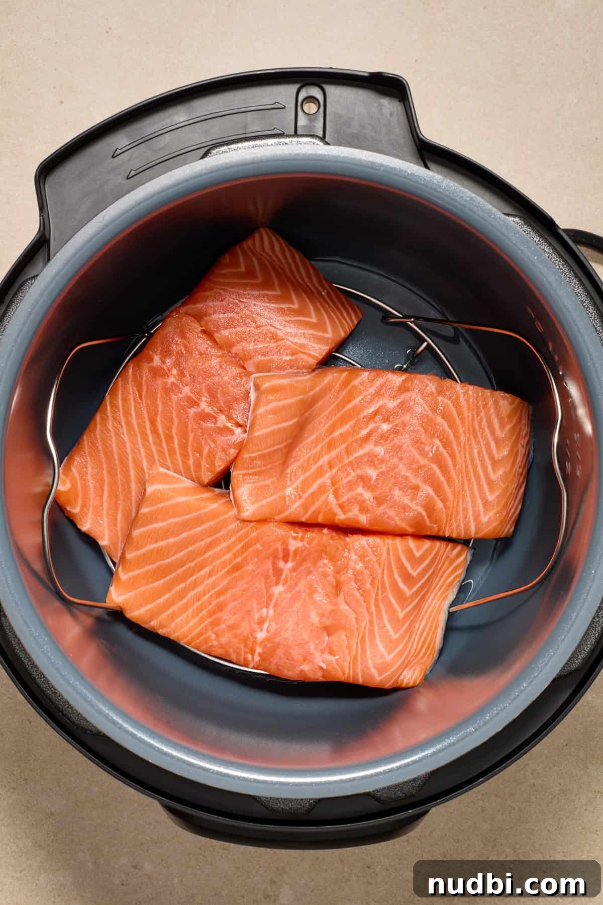 Instant Pot Butter Herb Salmon Recipe for Tender, Flaky Fish 4 Raw salmon filets in Instant pot on rack.