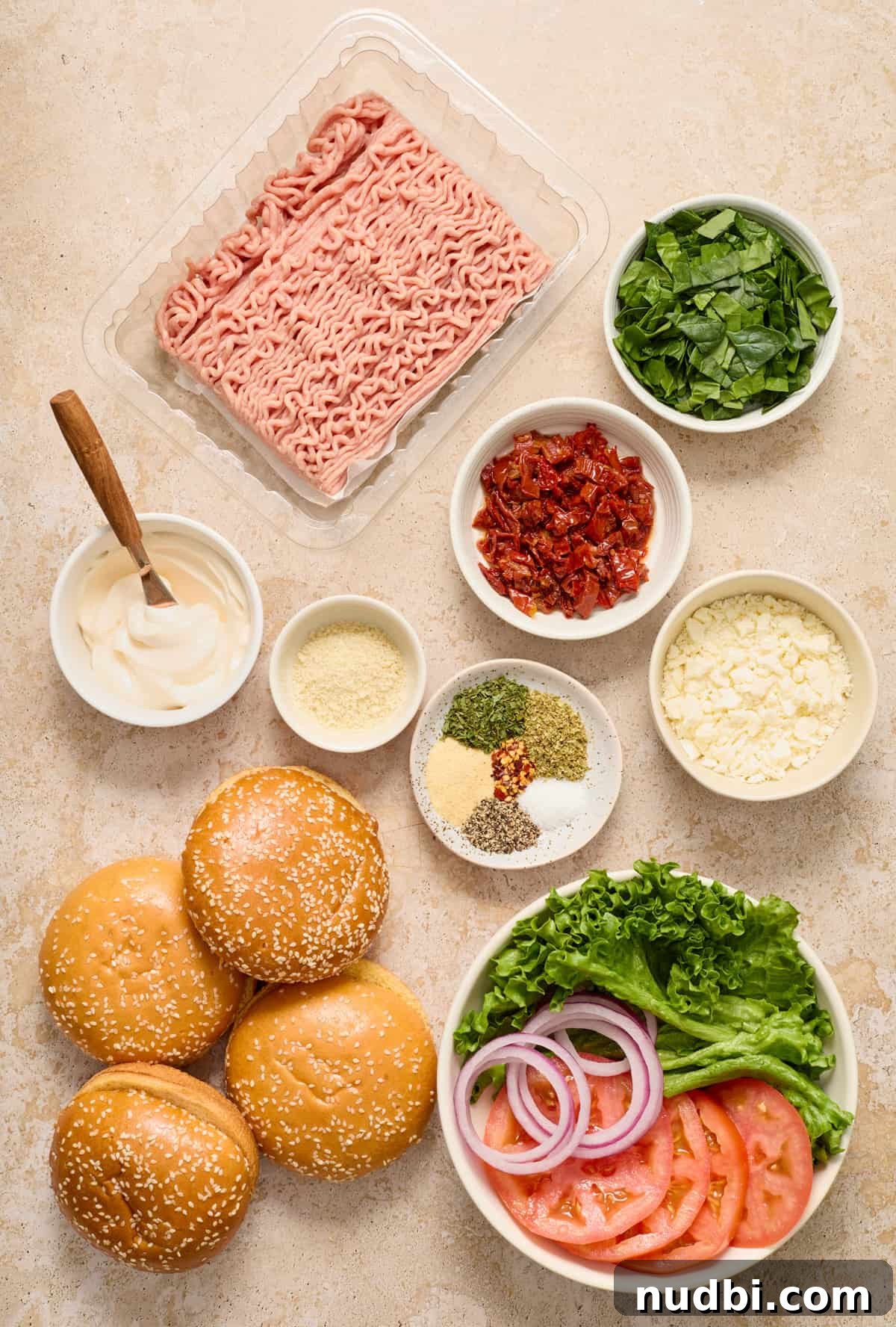 Spinach and Feta Turkey Burgers with Garlic Yogurt Sauce 3 Ground turkey, spinach, seasoning, feta, and other ingredients.