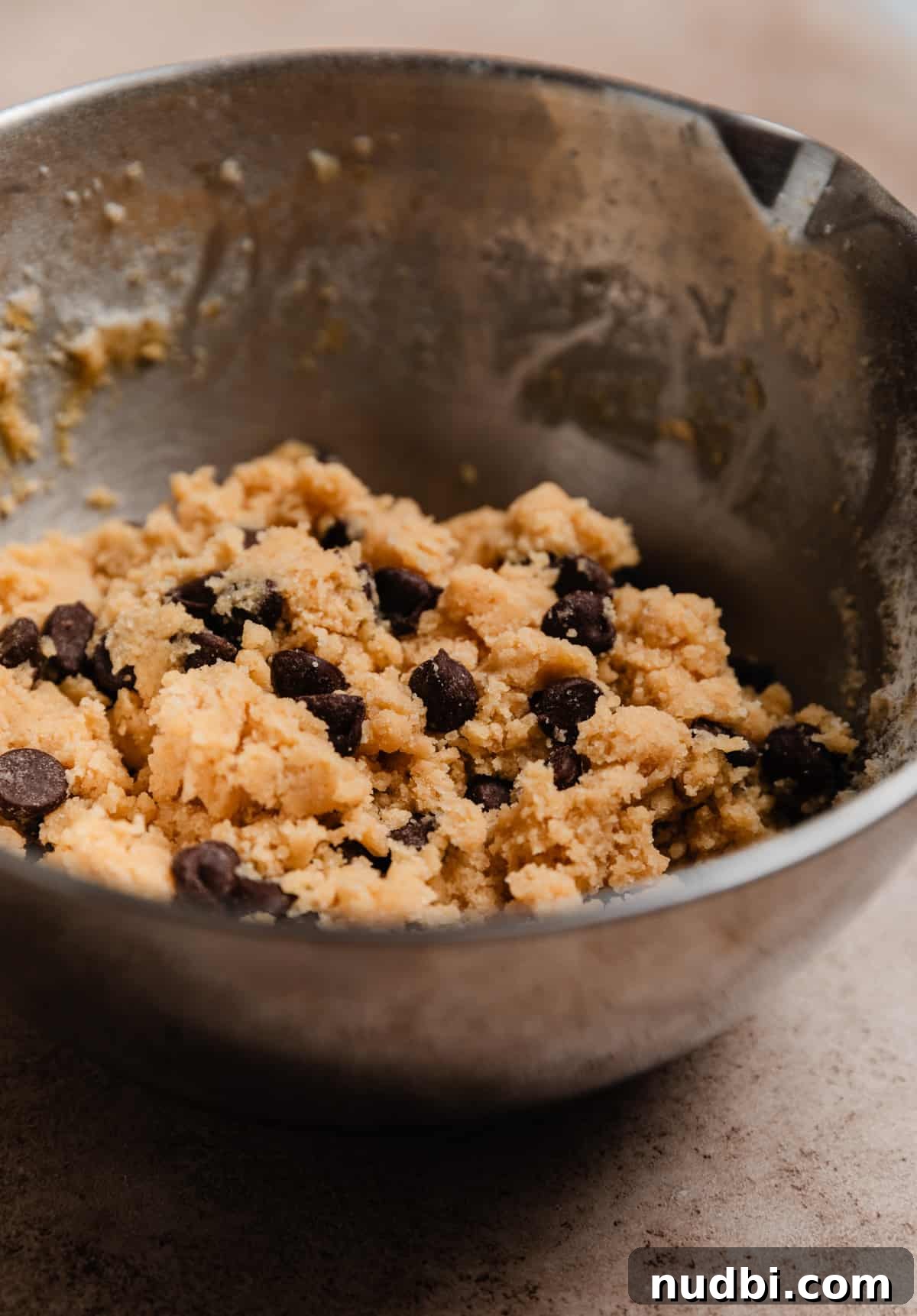 Small-Batch One-Bowl Chocolate Chip Cookies 6 Small batch chocolate chip cookie dough in mixing bowl.